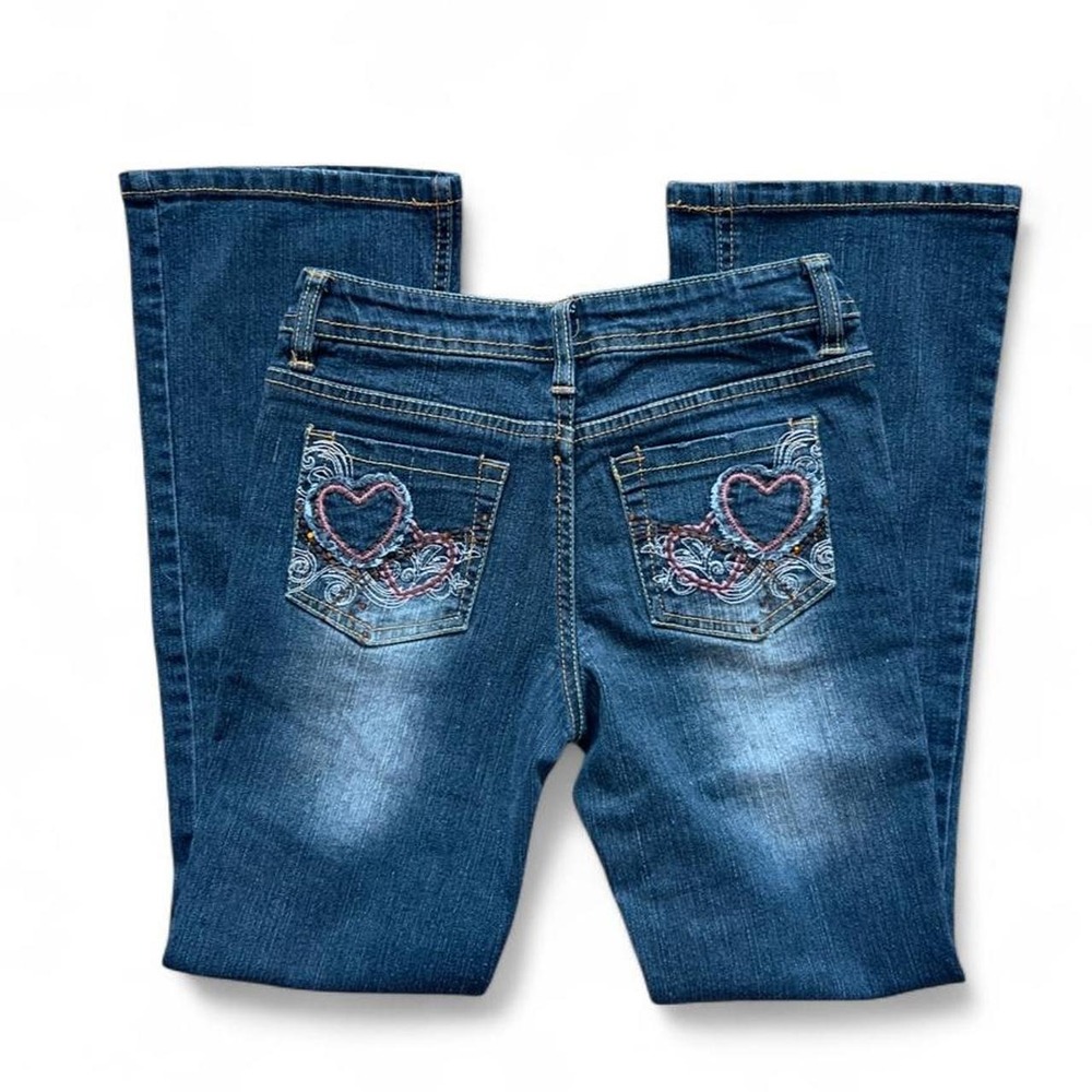 Vintage Y2K Girls Heart Embroidered Flare Jeans Size 8